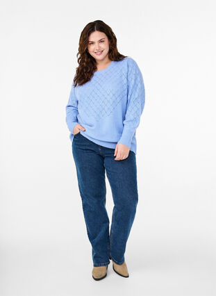 Zizzi Strickbluse mit Spitzenmuster, Cornflower Blue Mel., Model image number 2