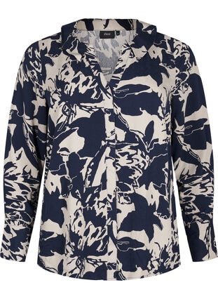 ZizziLangarmshirt mit Print und V-Ausschnitt, Navy Blazer AOP, Packshot image number 0