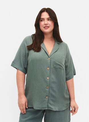 Zizzi Hemd aus Viskose mit kurzen Ärmeln, Balsam Green, Model image number 0