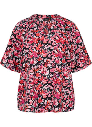 Zizzi Bluse mit V-Ausschnitt und Blumendruck, Black Flower AOP, Packshot image number 0
