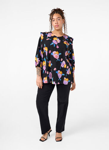 ZizziGeblümte Bluse mit Rundhalsausschnitt und Reißverschluss, Black w. Flower AOP, Model image number 1