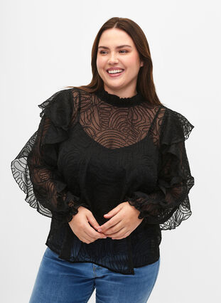 Zizzi Rüschenbluse aus Chiffon mit Struktur, Black, Model image number 0