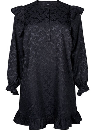 ZizziJacquardkleid mit langen Ärmeln und Rüschen, Black, Packshot image number 0