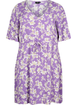 Zizzi Kleid mit 1/2 Ärmeln und Blumenmuster aus Viskose, Purple Flower AOP, Packshot image number 0