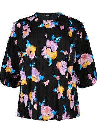 ZizziGeblümte Bluse mit Rundhalsausschnitt und Reißverschluss, Black w. Flower AOP, Packshot image number 0