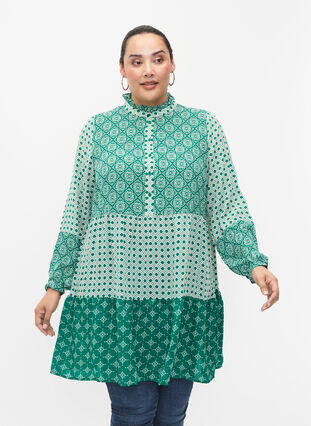 ZizziA-förmiges Kleid mit Mustern und Schnittlinien, Green AOP, Model image number 0