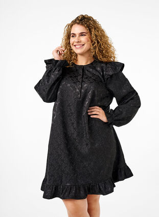 ZizziJacquardkleid mit langen Ärmeln und Rüschen, Black, Model image number 0