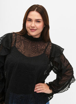 Zizzi Rüschenbluse aus Chiffon mit Struktur, Black, Model image number 2