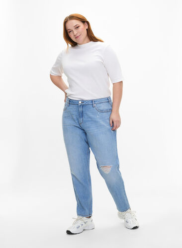 Zizzi Mille Mom-Fit-Jeans mit Destroyed-Effekt, Light Blue, Model image number 0