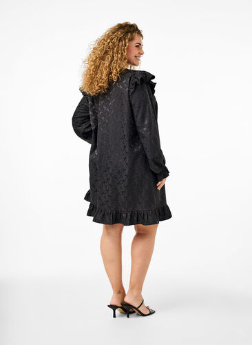 ZizziJacquardkleid mit langen Ärmeln und Rüschen, Black, Model image number 1