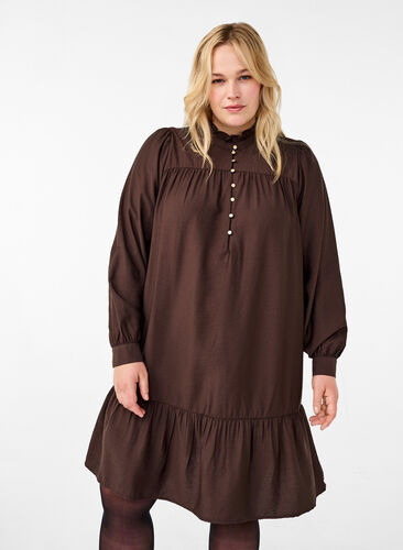 ZizziKurzes Kleid mit Rüschenkragen, Seal Brown, Model image number 0