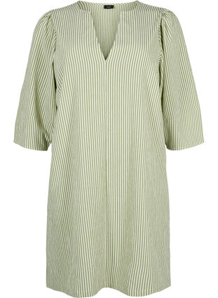 Gestreiftes Kleid mit 3/4-Ärmeln, Green Stripe, Packshot image number 0