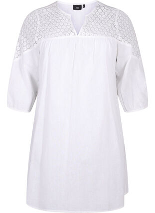 Zizzi Kleid aus einer Baumwollmischung mit Leinen und Häkeldetails, Bright White, Packshot image number 0