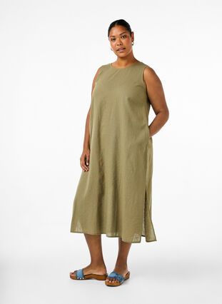 ZizziÄrmelloses Kleid aus Baumwollmischung mit Leinen, Deep Lichen Green, Model image number 0