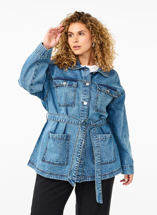 ZizziDenim-Jacke mit Bindegürtel, Blue Denim, Model image number 0