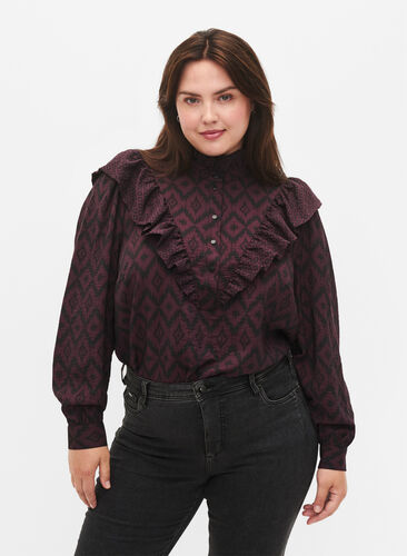 Zizzi Shirtbluse aus Viskose mit Rüschendetails, Winetasting w. Black, Model image number 0