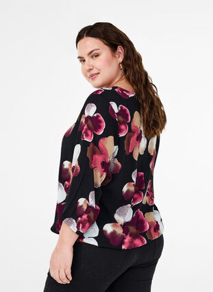 Zizzi Viskosebluse mit Print und Kittel, Black Pink FlowerAOP, Model image number 1