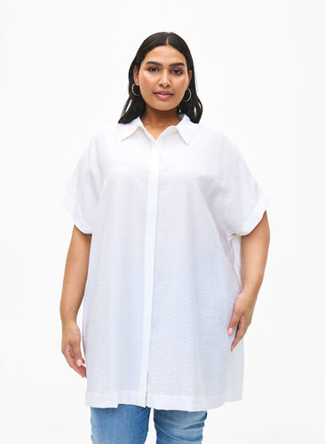 Zizzi Langes Hemd aus Viskose mit kurzen Ärmeln, Bright White, Model image number 0
