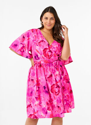 ZizziKnielanges Kleid mit Blumenprint und Wickeloptik, Pink Rose AOP, Model image number 1