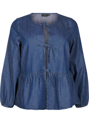 ZizziPeplum-Bluse aus Denim mit Bindeverschluss, Dark Blue Denim, Packshot image number 0