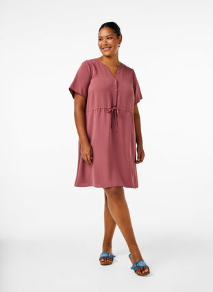 ZizziKurzärmliges Kleid mit Bindeband an der Taille, Rose Brown, Model image number 2