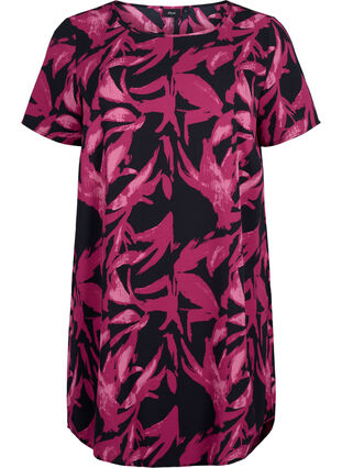 Zizzi Kleid mit Aufdruck und kurzen Ärmeln, Bl.Purple Leaf AOP, Packshot image number 0