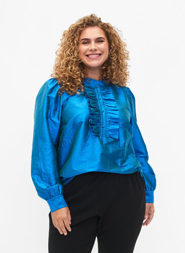 ZizziGlänzende Hemdbluse mit Rüschen, Diva Blue, Model image number 0