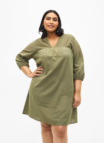 Zizzi Kleid aus einer Baumwollmischung mit Leinen und Häkeldetails, Deep Lichen Green, Model image number 0