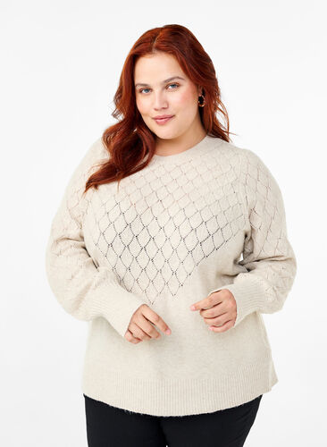 Zizzi Strickbluse mit Spitzenmuster, Pumice Stone Mel., Model image number 0