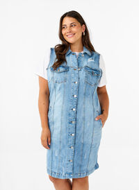 Ärmelloses Jeanskleid mit Schnittkantendetails, Light Blue Denim, Model