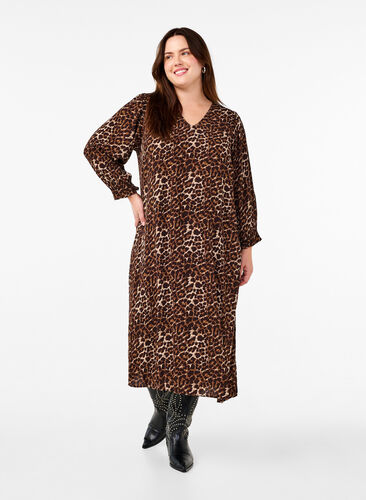 ZizziLanges Kleid mit Leopardenmuster und 3/4-Ärmeln, Leo AOP, Model image number 0