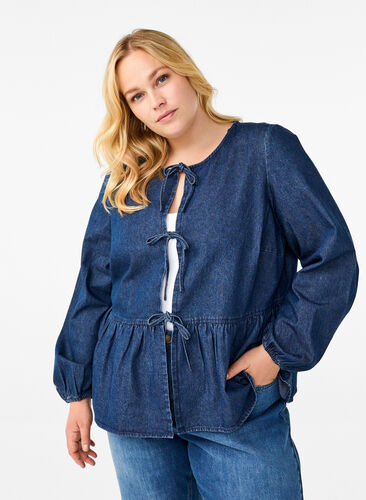 ZizziPeplum-Bluse aus Denim mit Bindeverschluss, Dark Blue Denim, Model image number 0