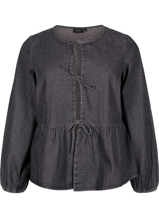 ZizziPeplum-Bluse aus Denim mit Bindeverschluss, Dark Grey Denim, Packshot image number 0