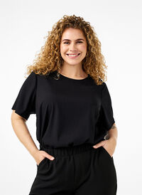 Kurzärmelige Bluse aus Viskose mit Schleifen, Black, Model