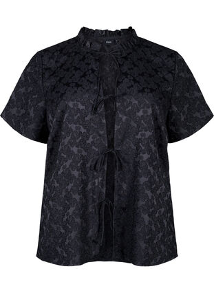 ZizziKurzärmelige Jacquard-Bluse mit Schleifen, Black, Packshot image number 0