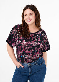 Lockeres T-Shirt mit Blumenmuster, Black Purple Fl. AOP, Model