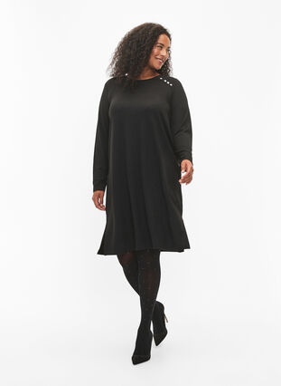 ZizziLangärmliges Jerseykleid mit Knöpfen, Black, Model image number 3