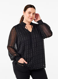 Gemusterte Chiffonbluse mit Schleifen, Black, Model