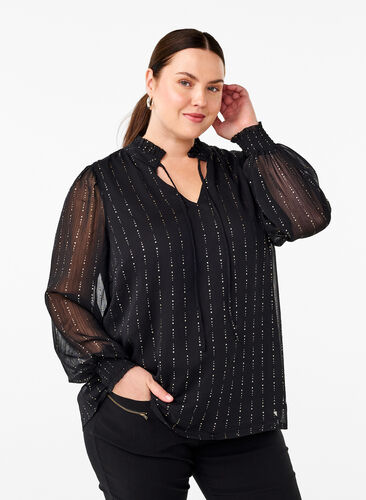 ZizziGemusterte Chiffonbluse mit Schleifen, Black, Model image number 0