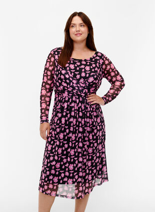 ZizziGeblümtes Netzkleid mit langen Ärmeln, Black Pink AOP, Model image number 0