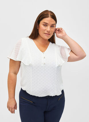 Bluse mit gepunkteter Struktur und kurzen Ärmeln, Bright White, Model image number 0